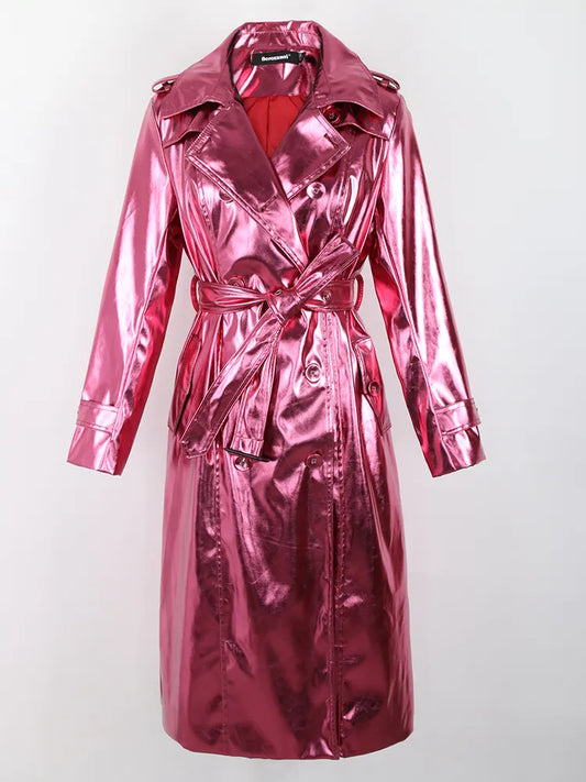 Long Metallic Patent Leather Trench Coat