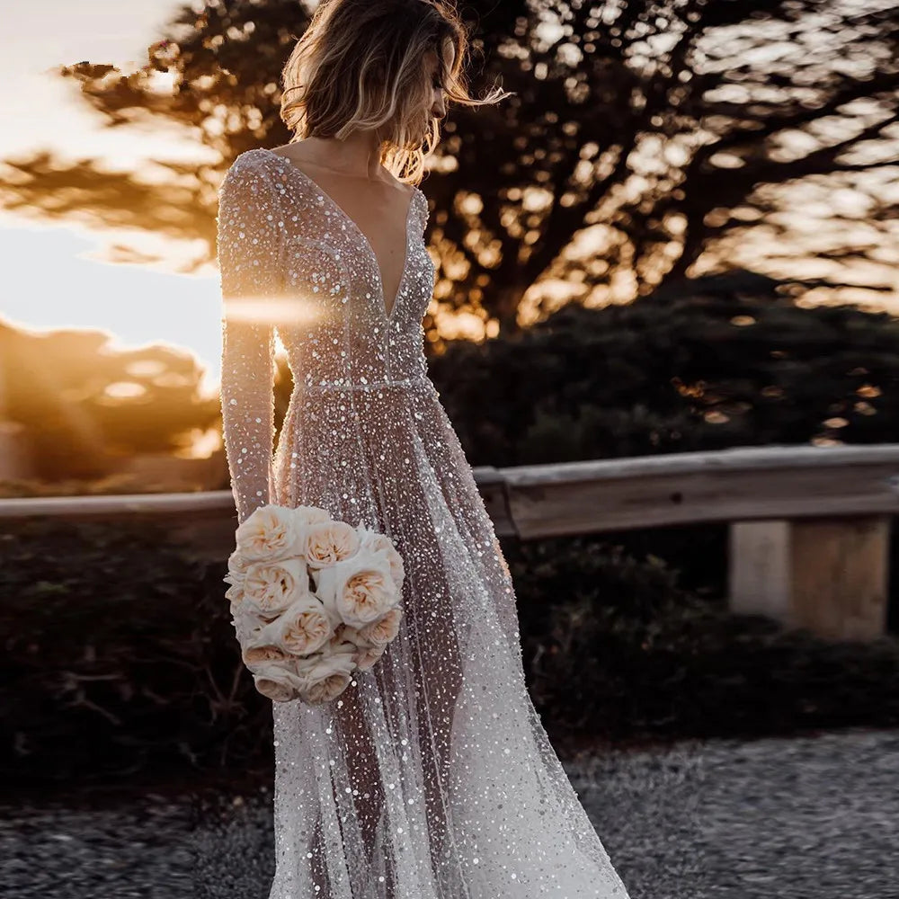 Transparent Mermaid Wedding Dresses Glitter V-neck Tulle Sweep Make Me Elegant Transparent Mermaid Wedding Dresses Glitter V-neck Tulle Sweep Make Me Elegant