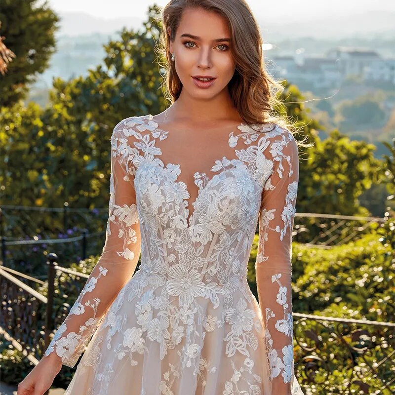 Elegant Lace A-line Wedding Dress Full Sleeves Court Train O-neck Buttons