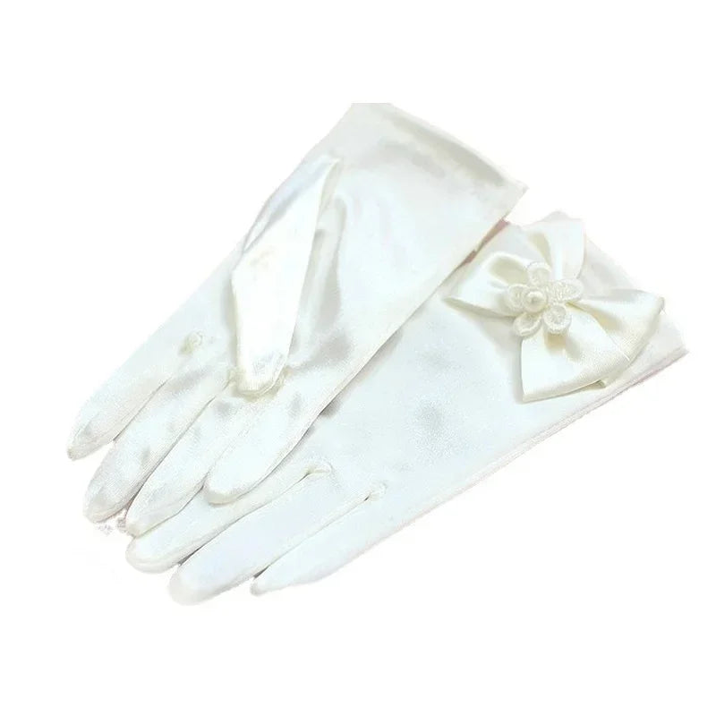 Sweet Satin Flower Child Gloves White Gloves for Kids