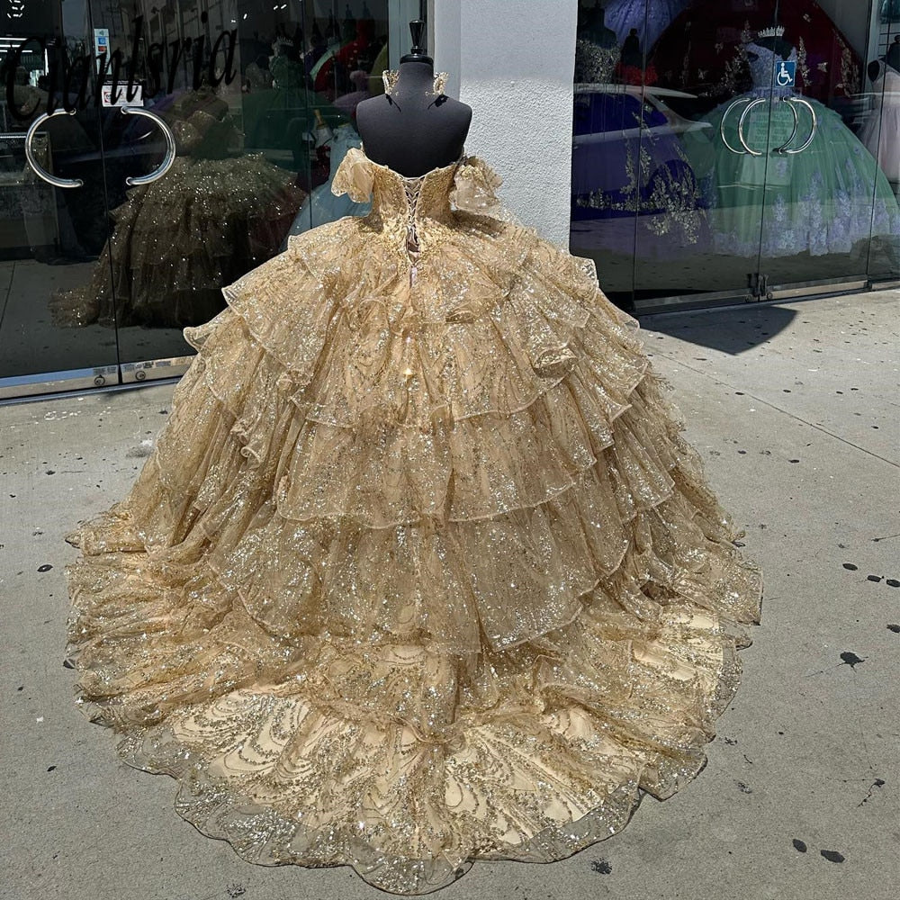Gold Quinceanera Dress Lace Pearls Ball Gown  Glitter Sequined