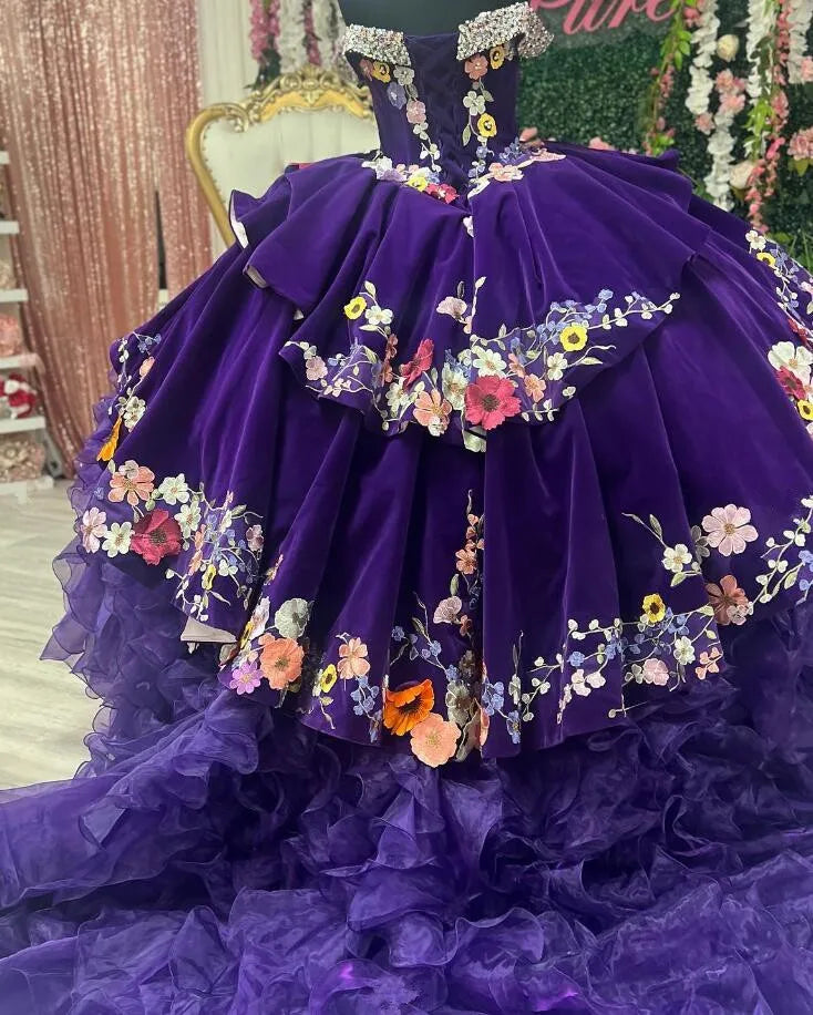 Purple Velvet Organza Quinceanera Dresses with Floral Applique Ruffles Corset
