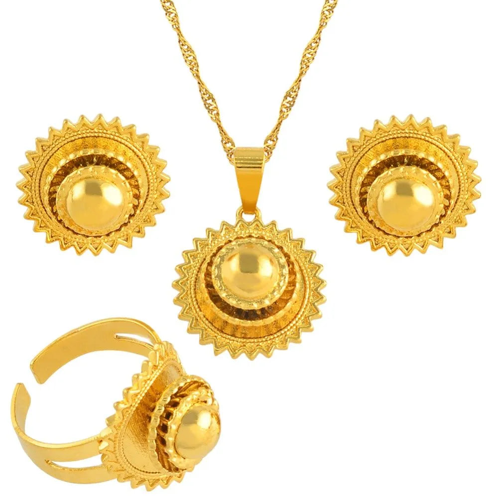 Eritrean Ethiopian Small set Jewelry Necklace Earrings Ring Gold Color