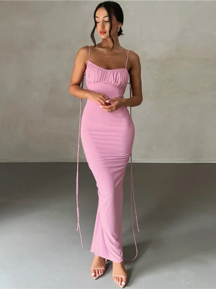Backless Maxi Spaghetti Strap Ruched Bodycon  Party Dress