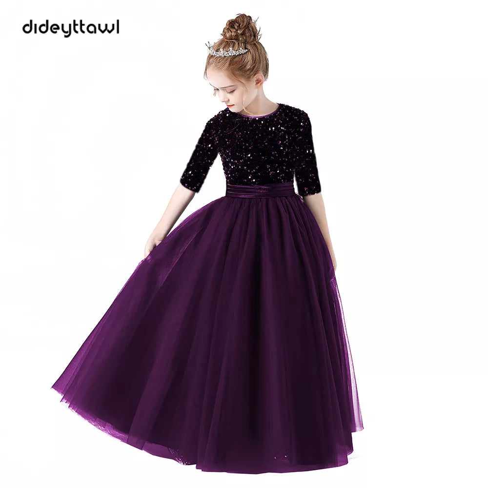 Half Sleeves Flower Girl Dresses Bridesmaid Sequins Tulle Pageant Dress