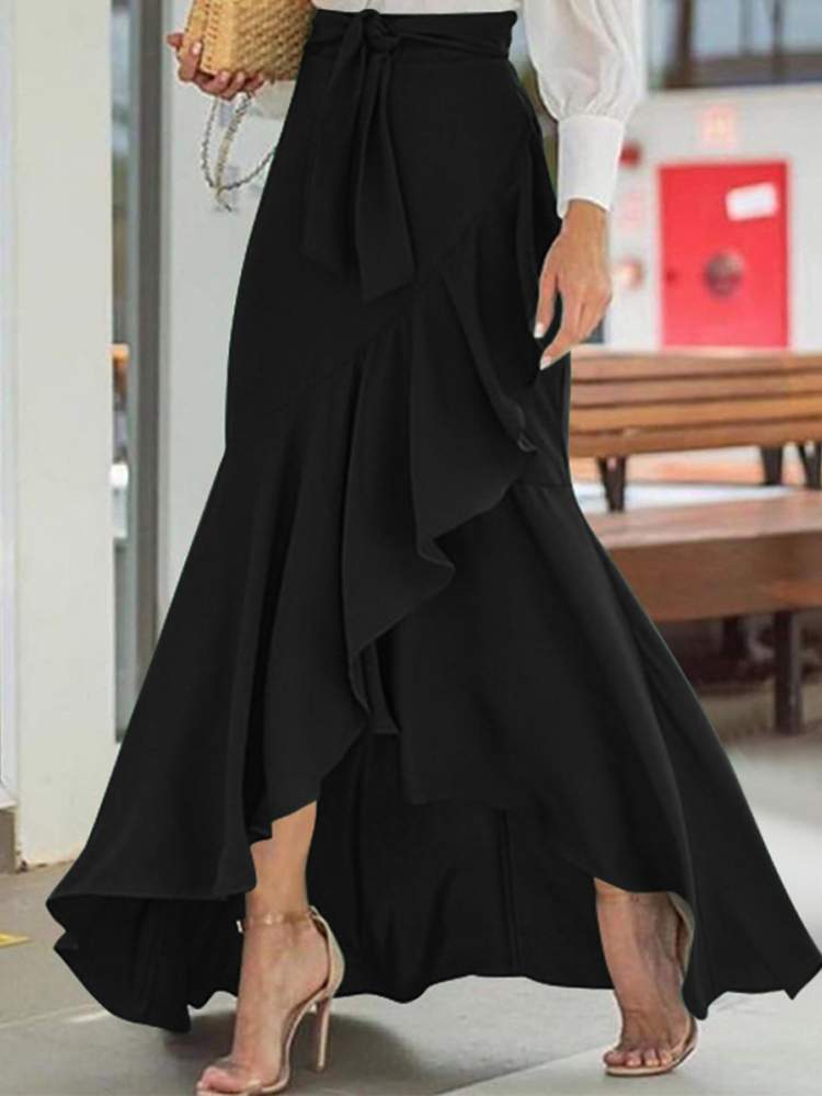 Fishtail Skirts Fashion High Waist Belted Loose Asymmetrical Ruffles Skirts