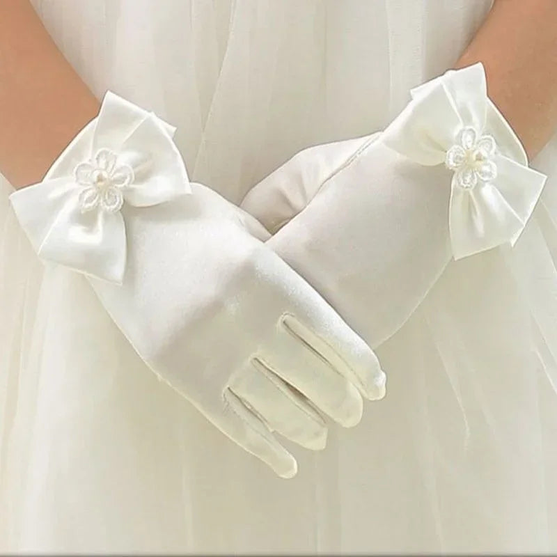 Sweet Satin Flower Child Gloves White Gloves for Kids