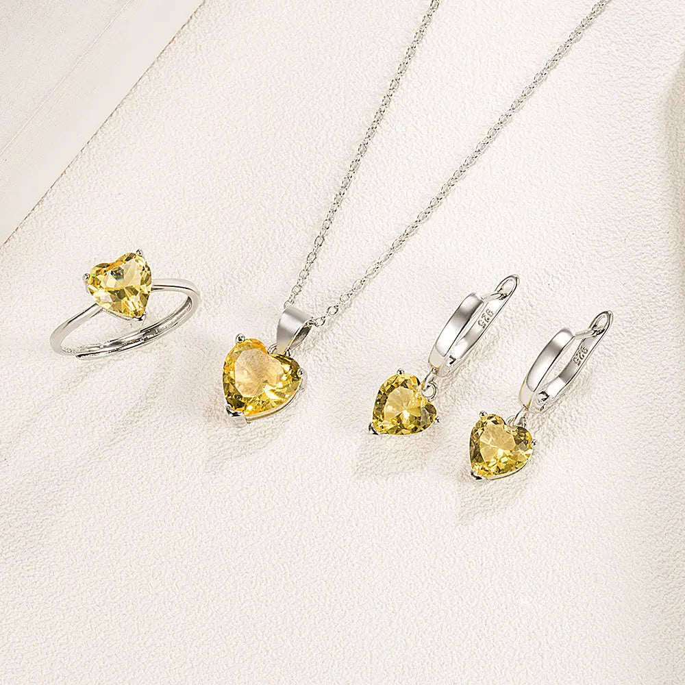 925 Sterling Silver Jewelry Sets Heart Zircon Ring Earrings Necklace