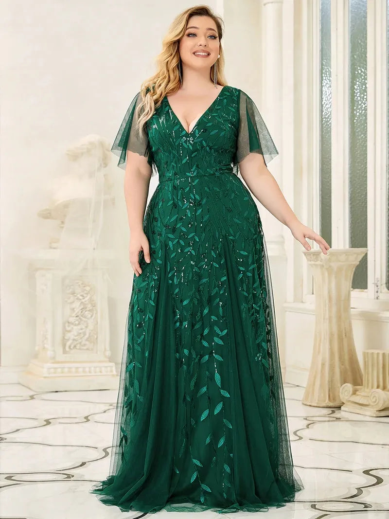Plus Size Evening Dresses Long A-LINE V-Neck Half Sleeves Floor-Length Make Me Elegant Plus Size Evening Dresses Long A-LINE V-Neck Half Sleeves Floor-Length Make Me Elegant