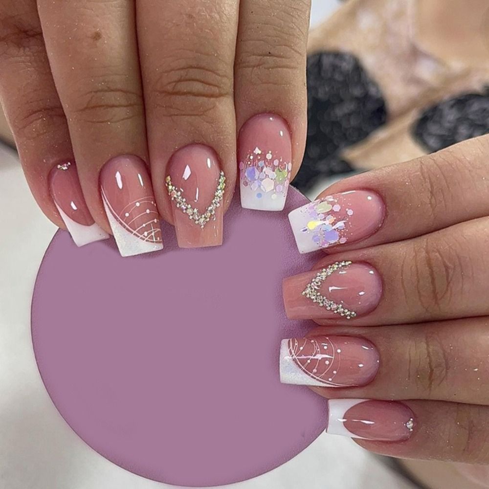 Press On Nails 24Pcs Short Square with Jelly Adhesive Glitter Gradient Design Detachable