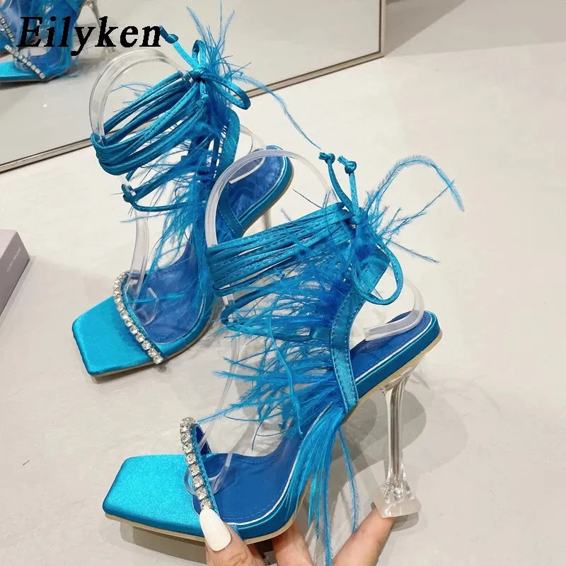 Rhinestone Feather Sandals Lace-up Cross-Tied Gladiator Square Toe