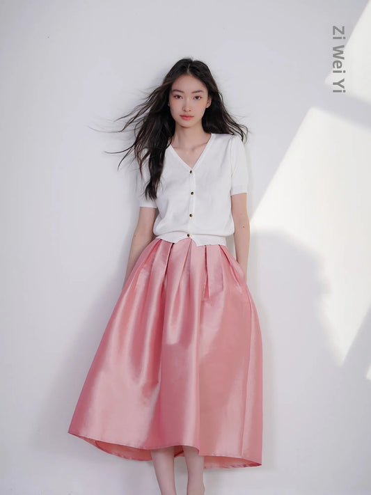 Midi High Waist Vintage Umbrella Skirt Elastic Waist