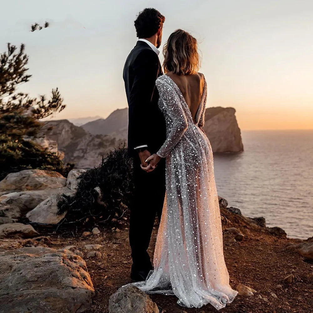 Transparent Mermaid Wedding Dresses Glitter V-neck Tulle Sweep Make Me Elegant Transparent Mermaid Wedding Dresses Glitter V-neck Tulle Sweep Make Me Elegant