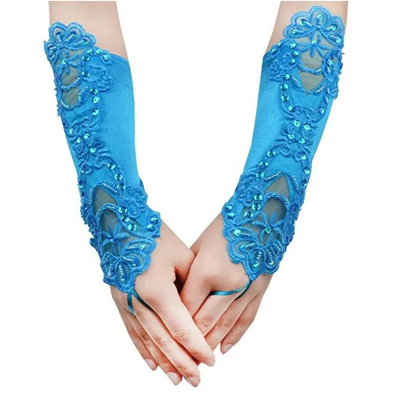 Elegant Lace Gloves Strethy Adult Size  Crystal Sequins Gloves