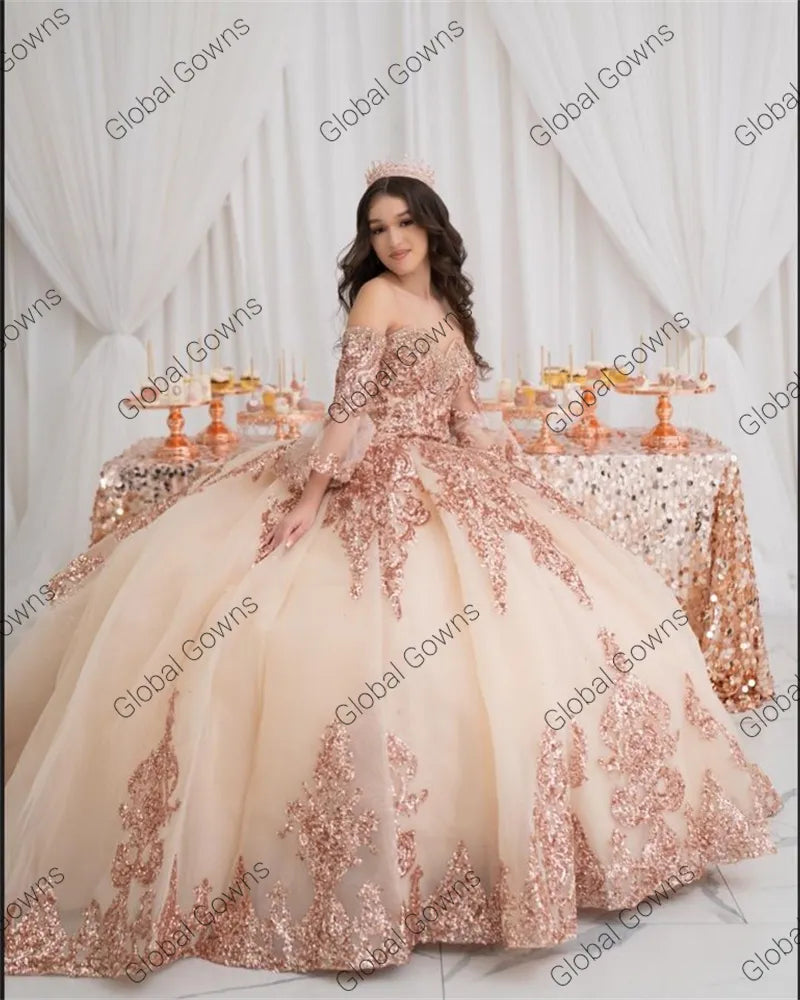 Rose Gold Sequin Quinceanera Sweetheart Bead Corset Prom Dress Ruffle Ball Gown