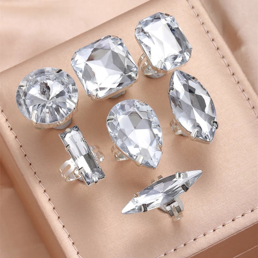 Clear Acrylic Crystal Geometric 7PCS Big Square Round Open Rings Finger