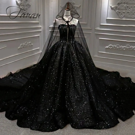 Crystals Black Wedding Dresses Lace Appliques Ball Gown