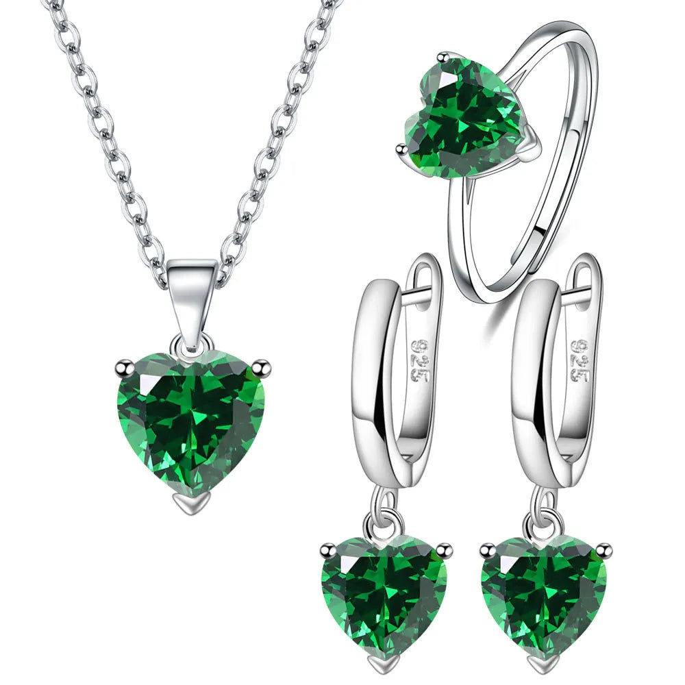 Green 925 Sterling Silver Jewelry Sets Heart Zircon Ring Earrings Necklace