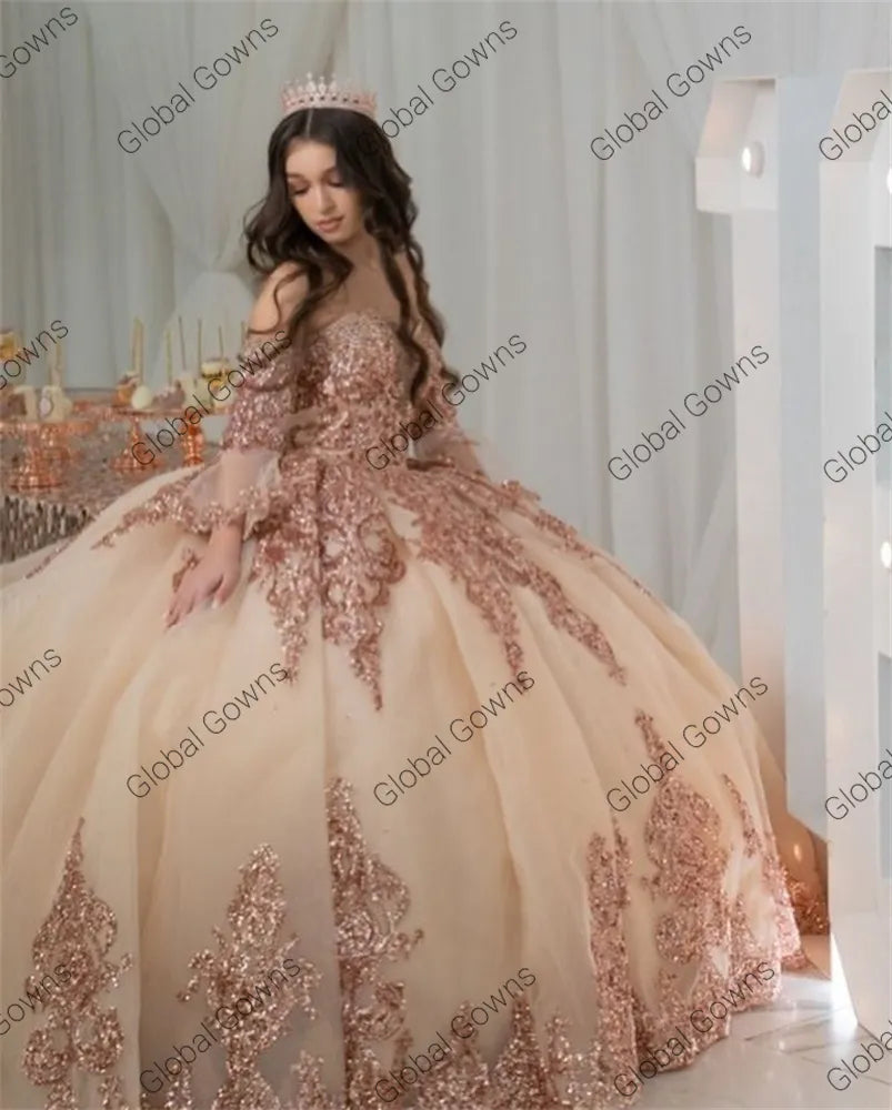 Rose Gold Sequin Quinceanera Sweetheart Bead Corset Prom Dress Ruffle Ball Gown