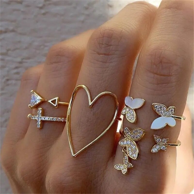Boho Zircon Butterfly Rings Set Charms Gold Color Crystal Rings