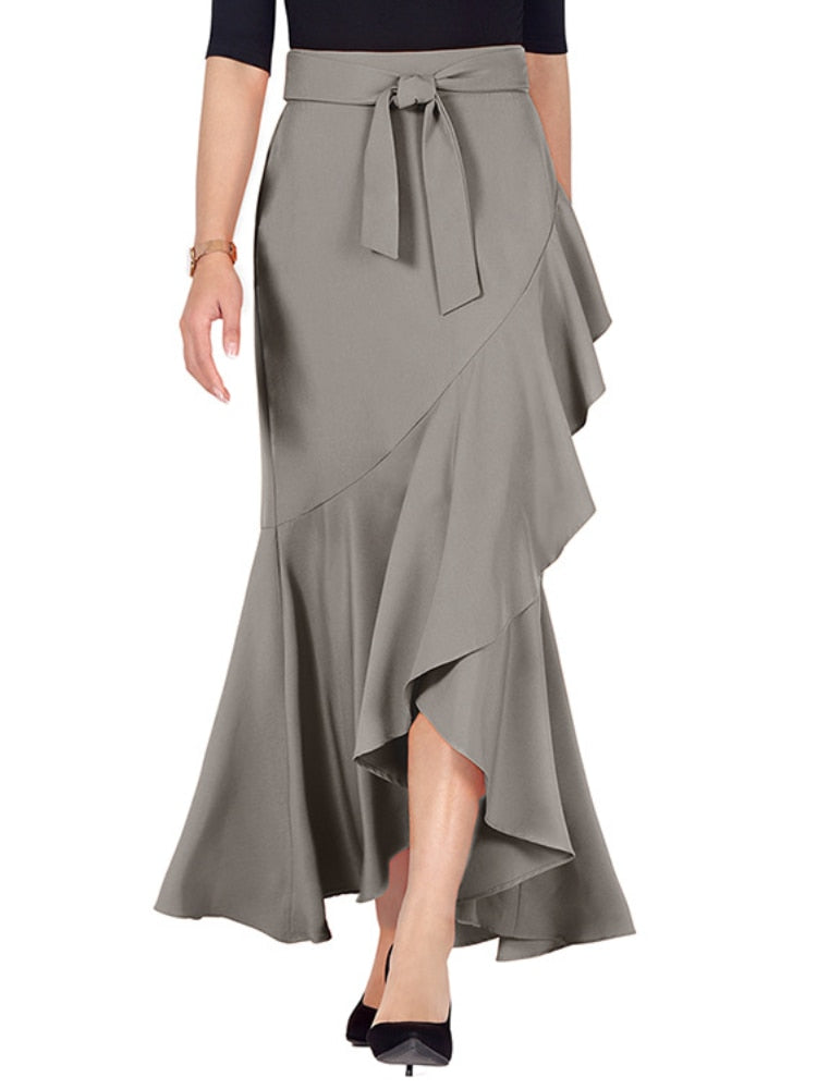 Long Skirts Women Elegant Spring High Waist Wrap Maxi Skirt Asymmetrical Ruffle Mermaid