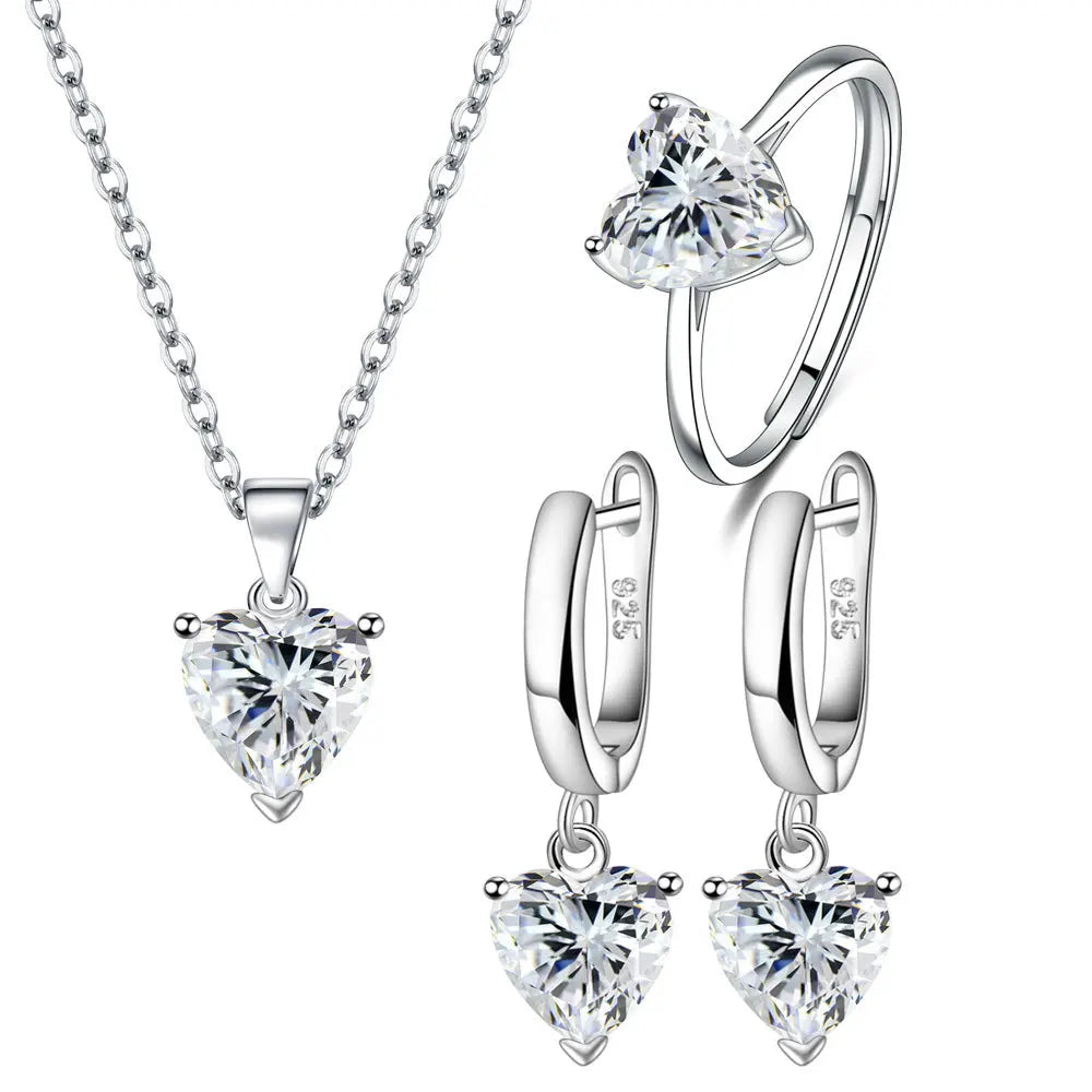 925 Sterling Silver Jewelry Sets Heart Zircon Ring Earrings Necklace