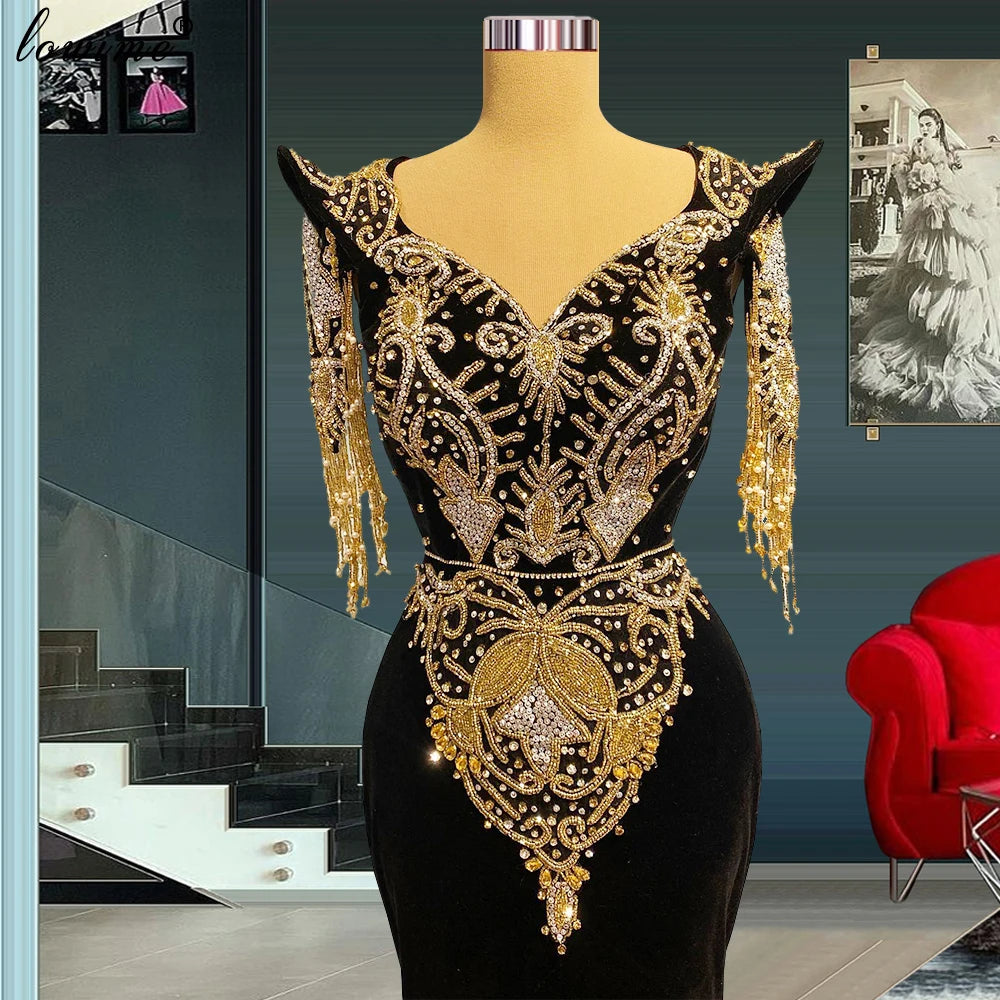 Luxury Velvet Evening Dresses With Gold Beads Arabic Formal Evening Gowns