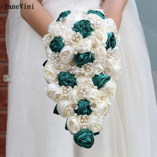 Ivory Cascading Flowers Waterfall Bridal Bouquets Pearls Artificial Satin Roses
