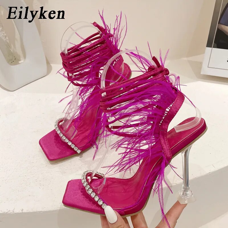Rhinestone Feather Sandals Lace-up Cross-Tied Gladiator Square Toe