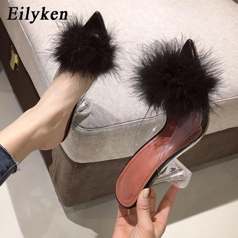 Transparent Feather Crystal High Heels Fur Peep Toe Slippers Slides Shoes