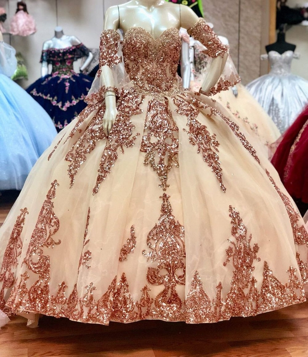 Rose Gold Sparkly Ball Gown Quinceanera Dresses