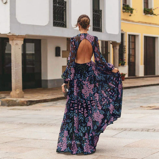 Women Summer Dress Long Sleeve Backless Embroidery Floral Print Dress Hollow Out Mesh See Through Flowers Long Maxi Dresses