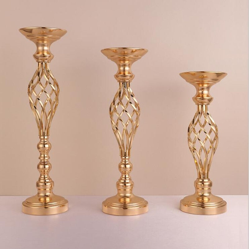 Gold/ Silver Flowers Vases Candle Holders Road Lead Table Centerpiece Metal Stand Candlestick For Wedding Party Decor
