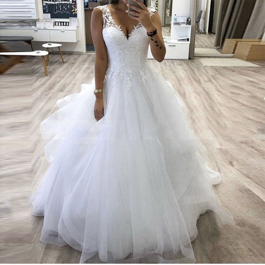 V-neck Princess Ball Gown Wedding Dress With Tiered Tulle Skirt White Bride Dress