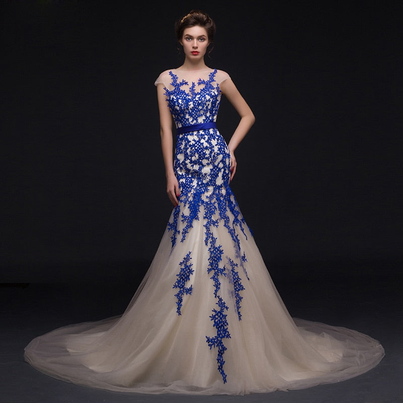 Celebrity inspired formal evening party long blue lace dress
