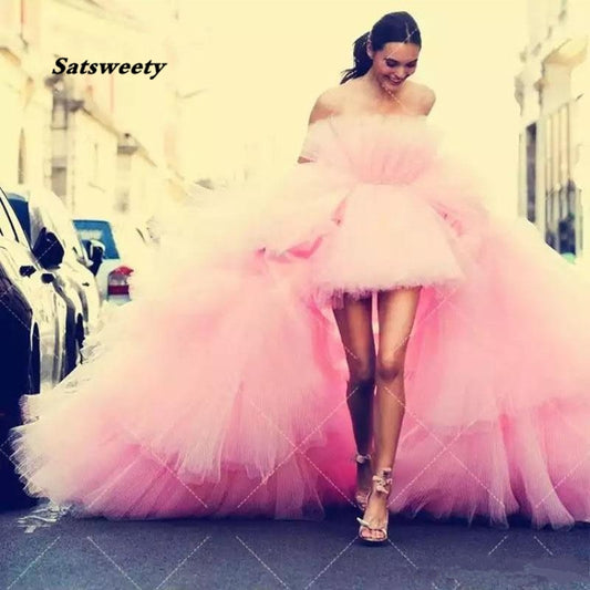 Hippie Style Chic Pink Tulle High Low Tiered Train mermaid prom dresses evening gowns sweet 16 dresses