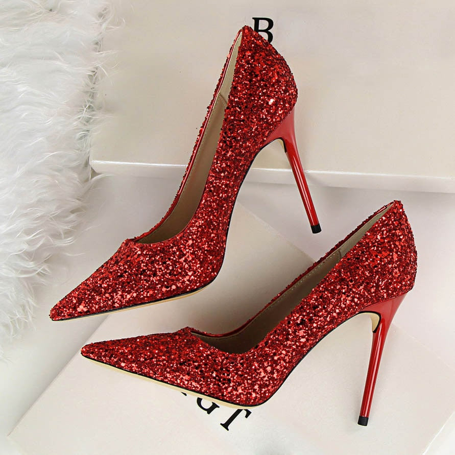 High Heels Sequins Glitter Luxury Designer Pumps Plus Size 43 Wedding Bridal Gold Valentine Shoes