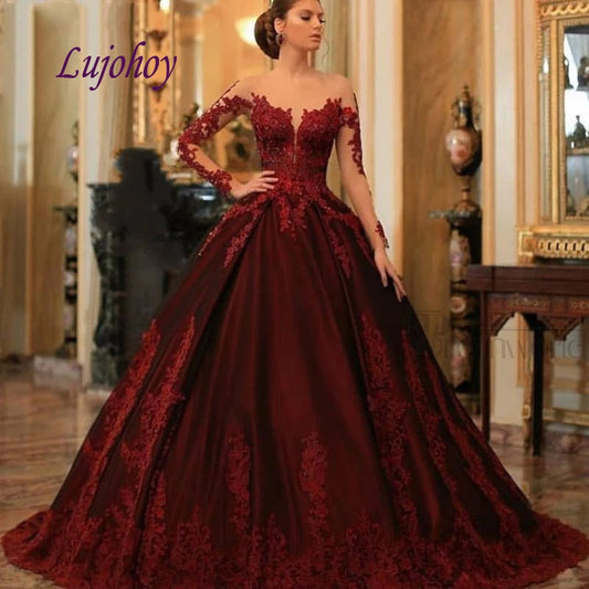 Long Sleeve Lace Ball Gown Velvet Beaded Princess Masquerade Burgundy