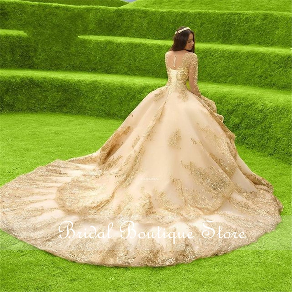 Golden Princess Dream Quinceanera Dress with Long Sleeve