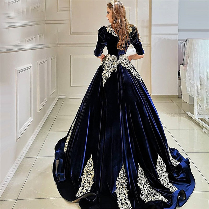 Long Velvet with Gold Appliques Formal A-line  Party Gown