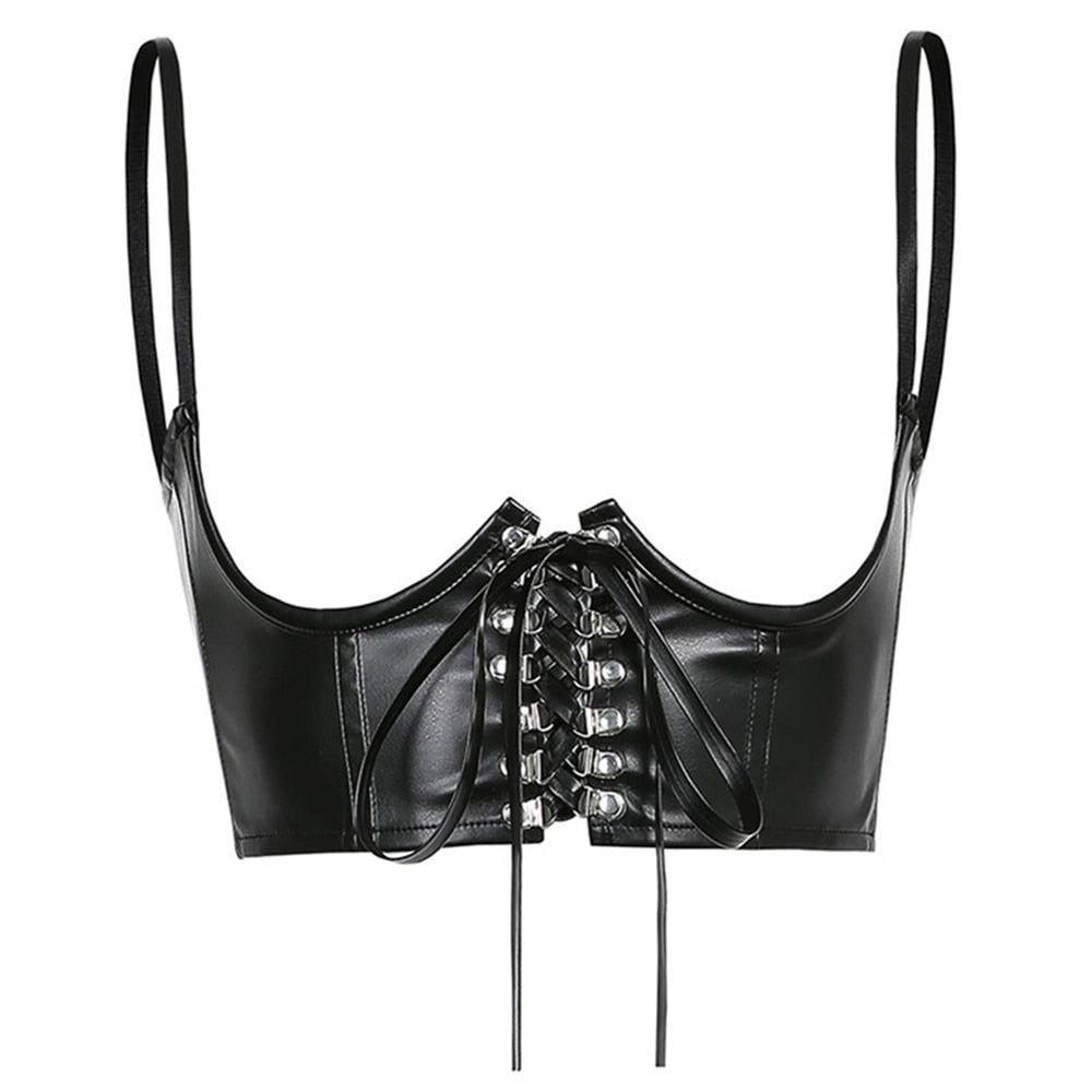 PU Leather Corset Goth Punk Lace-Up Bandage Black Bustier Streetwear Underbust Support Braces Shaper Top