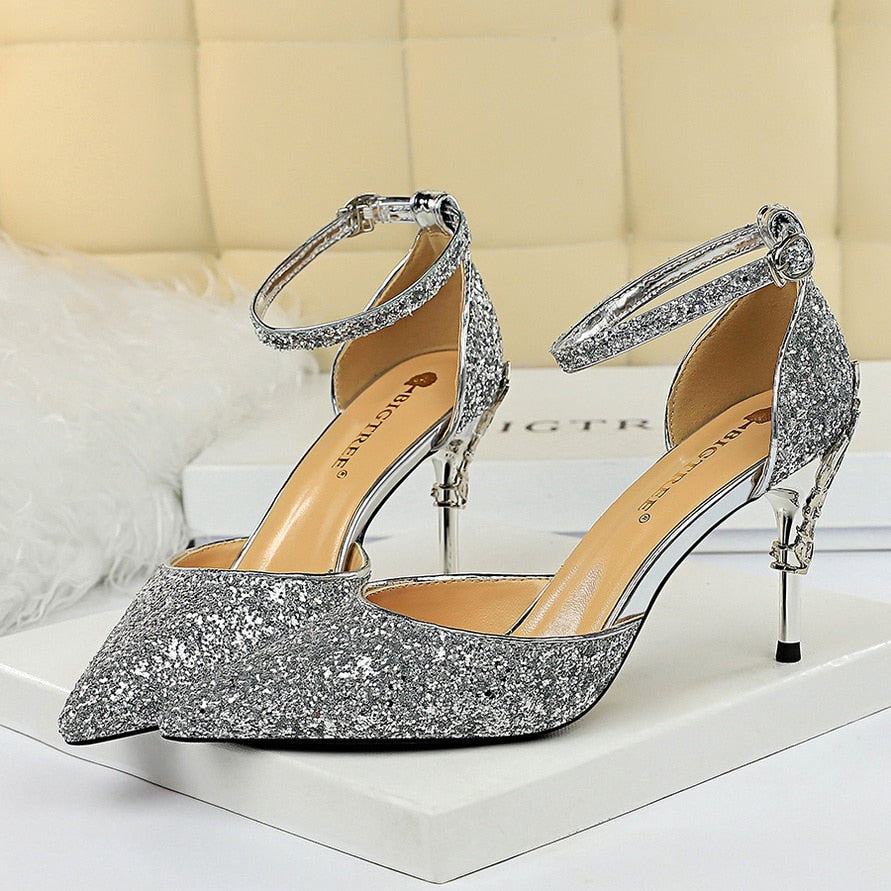 Glitter Gold Pumps. 7.5cm 9.5cm High Heels Metal Heels Strap Stiletto Bridal Glitter Shoes