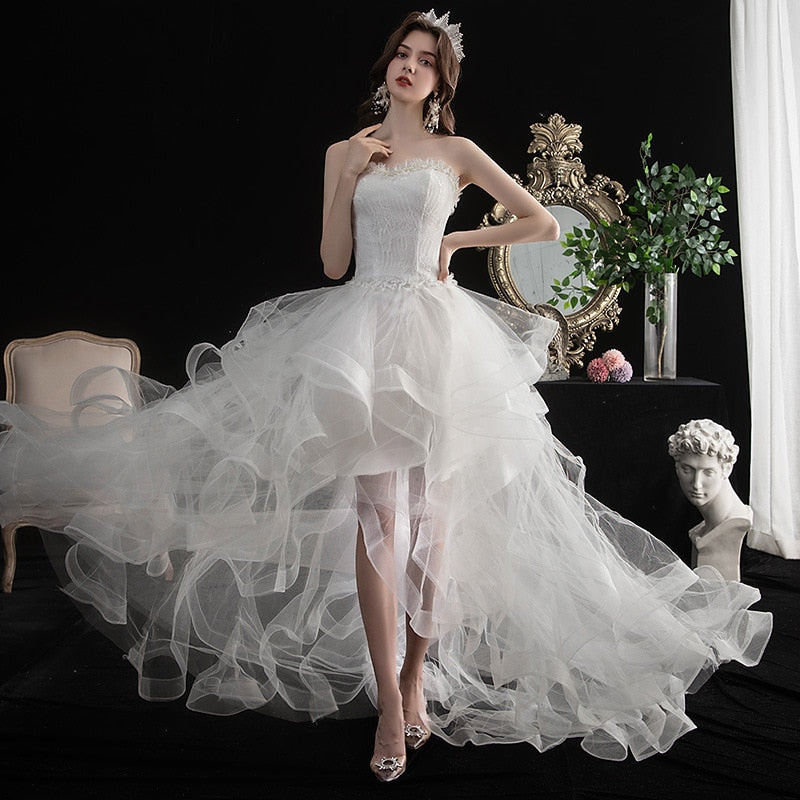 Front Short Long Back Strapless Wedding Dress