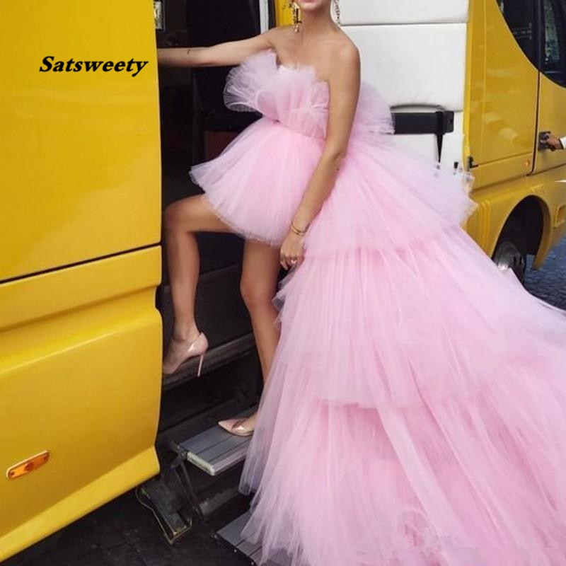 Hippie Style Chic Pink Tulle High Low Tiered Train mermaid dresses