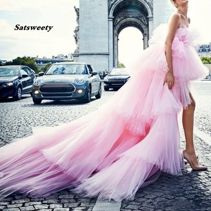 Hippie Style Chic Pink Tulle High Low Tiered Train mermaid dresses
