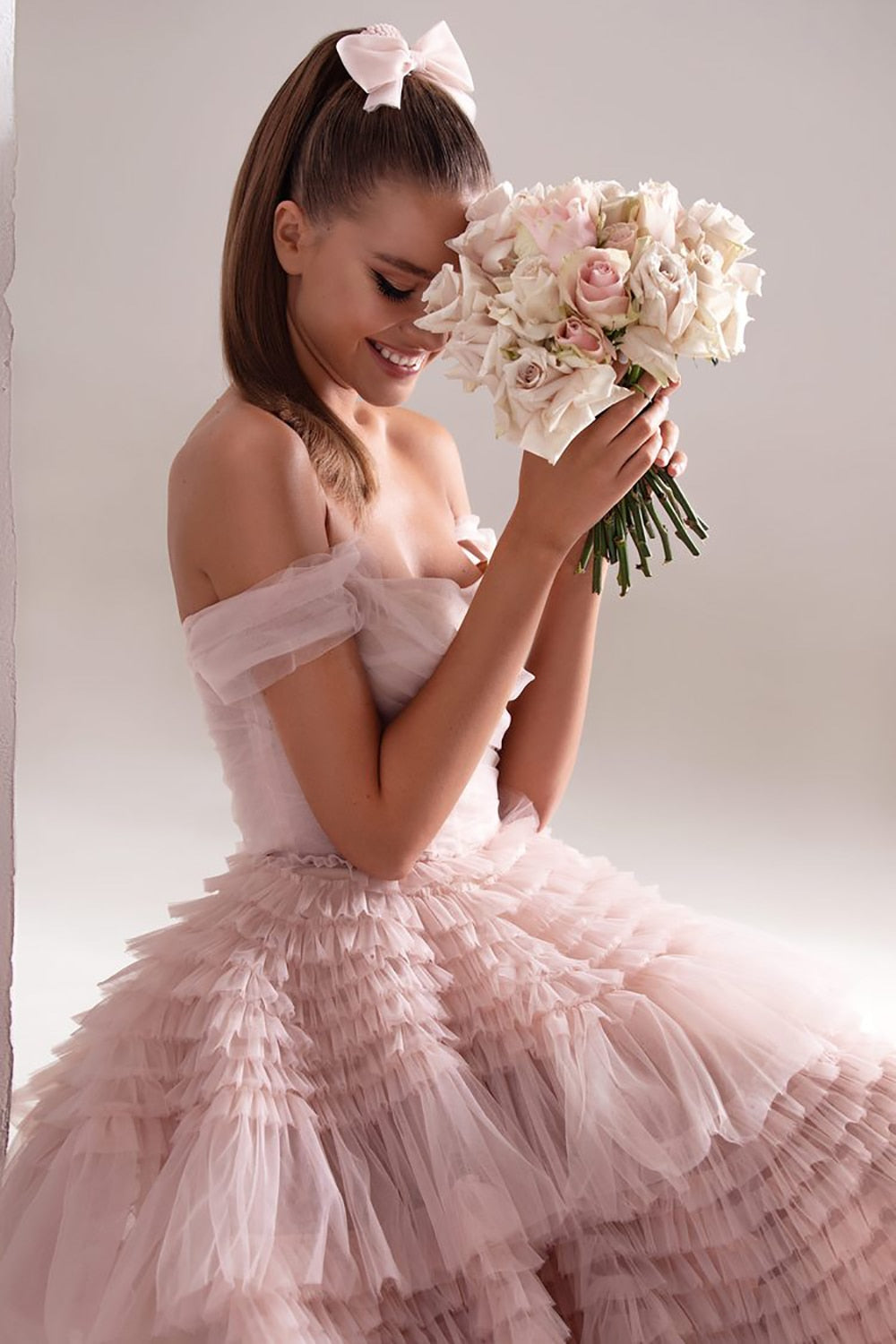 Dusty Pink Long Dresses Sweetheart Crumpled Tulle Ruffles Evening Dresses Off Shoulder Tiered A-Line