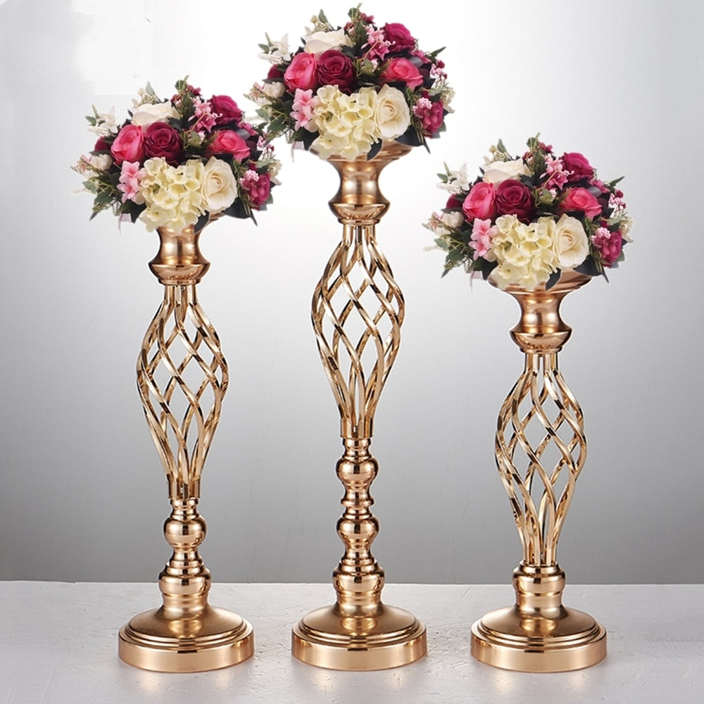 Gold/ Silver Flowers Vases Candle Holders Road Lead Table Centerpiece Metal Stand Candlestick For Wedding Party Decor