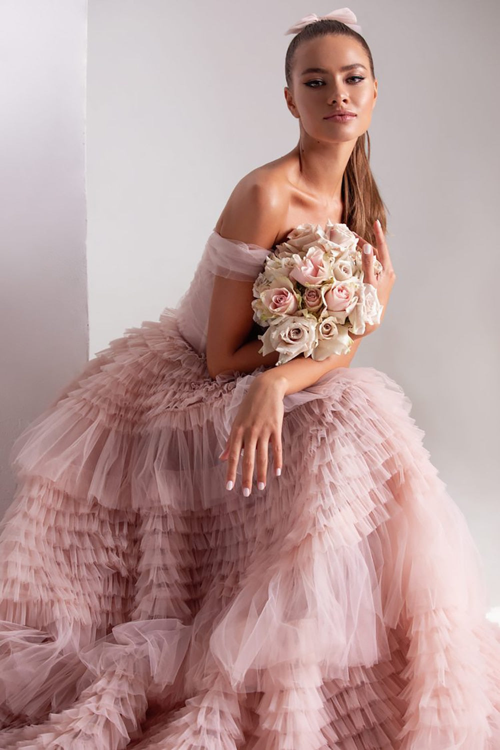 dusty pink maxi dresses Dusty Pink Long Dresses Sweetheart Crumpled Tulle Ruffles Evening Dresses Off Shoulder Tiered A-Line Champagne / 12