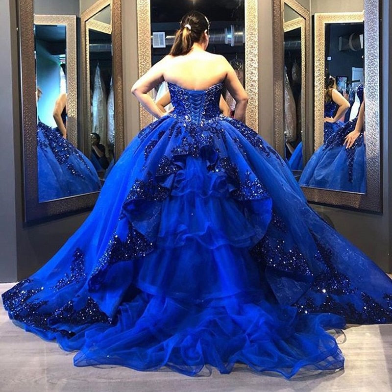 blue Gold Sparkly Ball Gown Quinceanera Dresses Detachable Sleeves 