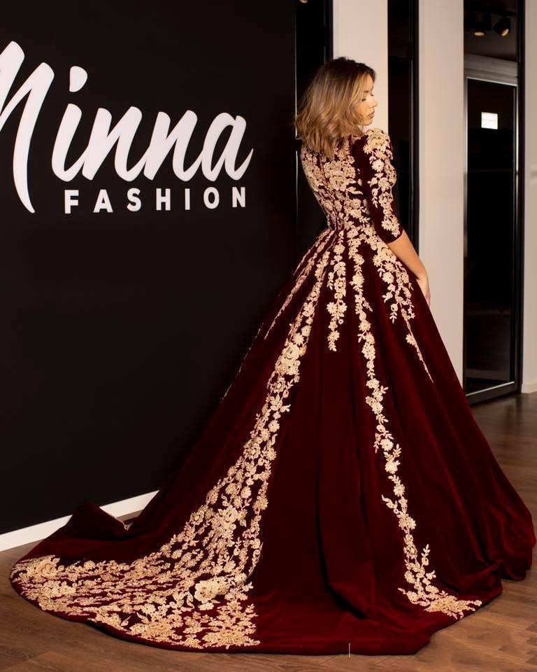 Elegant Arabic Lace Burgundy Dress